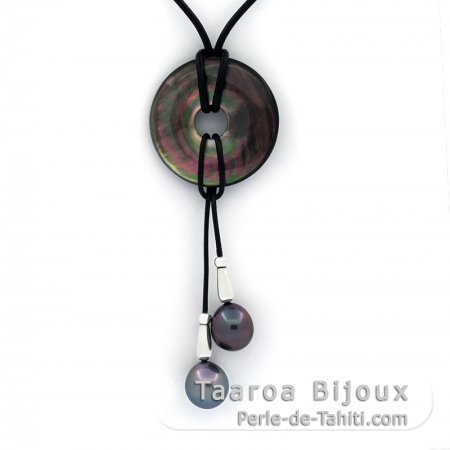 Leather Necklace, Mother-of-pearl and 2 Tahitian Pearls Semi-Baroque C of 10 and 10.2 mm