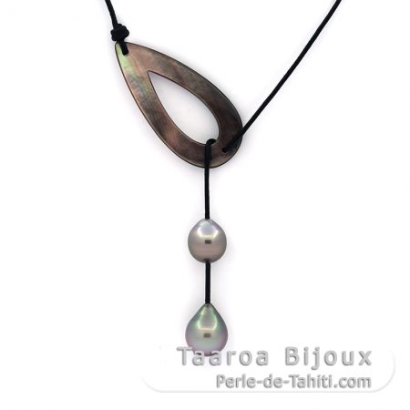 Leather Necklace, Mother-of-pearl and 2 Tahitian Pearls Semi-Baroque C of 9 and 10 mm