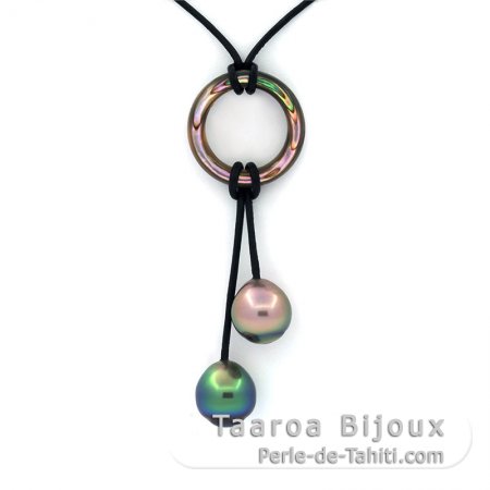 Leather Necklace, Mother-of-pearl and 2 Tahitian Pearls Semi-Baroque B 9.3 mm