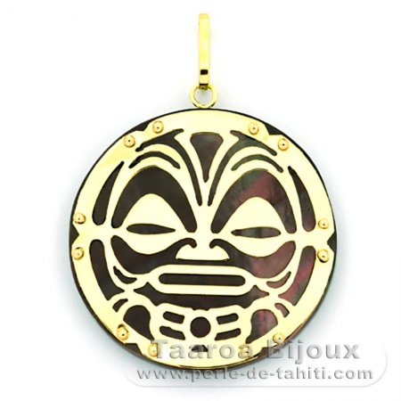 18K Gold and Tahitian Mother-of-Pearl Pendant - Diameter = 27 mm - Mana Tiki