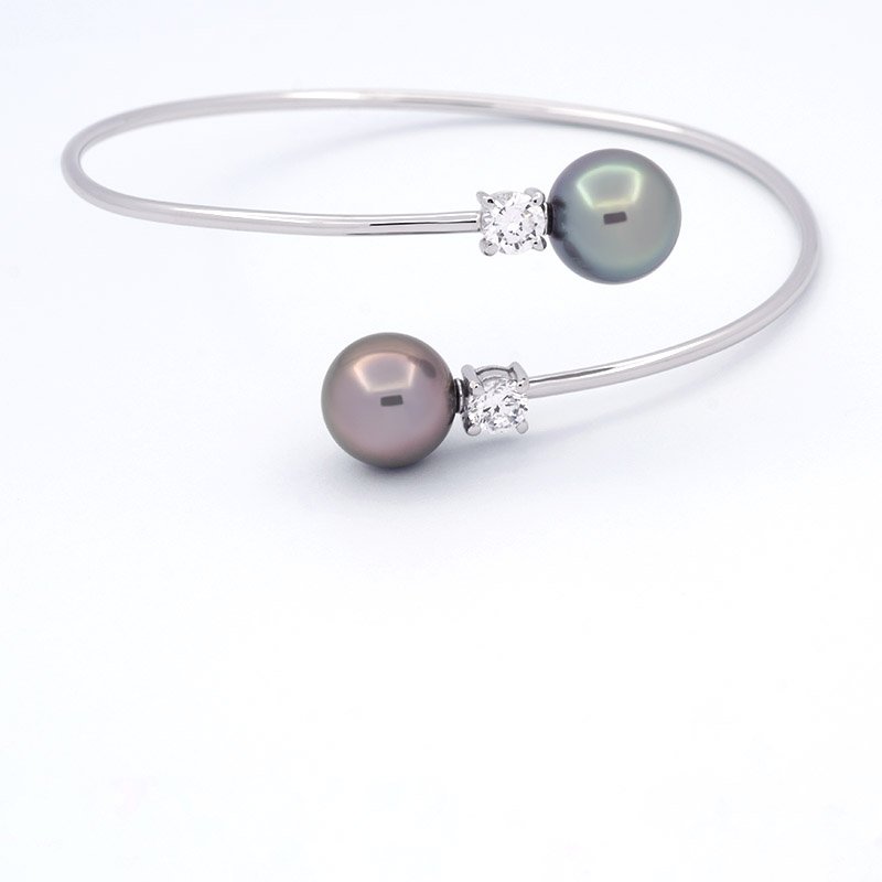 Rhodiated Sterling Silver Bracelet and 2 Tahitian Pearls Round C