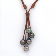 Leather Necklace and 5 Tahitian Pearls Semi-Baroque C from 10 to 10.3 mm