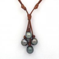 Leather Necklace and 4 Tahitian Pearls Semi-Baroque C from 12.6 to 13.7 mm