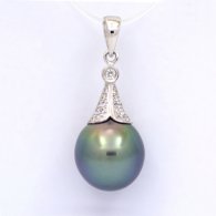 Rhodiated Sterling Silver Pendant and 1 Tahitian Pearl Semi-Baroque C 10.9 mm