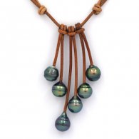 Leather Necklace and 6 Tahitian Pearls Ringed C+ from 9 to 9.2 mm