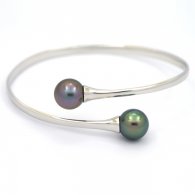 Rhodiated Sterling Silver Bracelet and 2 Tahitian Pearls Round C 10.3 mm