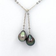 Rhodiated Sterling Silver Necklace and 2 Tahitian Pearls Semi-Baroque B 8.7 and 9 mm