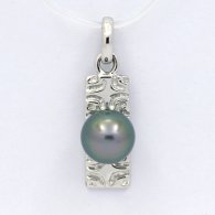 Rhodiated Sterling Silver Pendant and 1 Tahitian Pearl Round C 8.2 mm