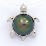 Rhodiated Sterling Silver Pendant and 1 Tahitian Pearl Round C 9.4 mm