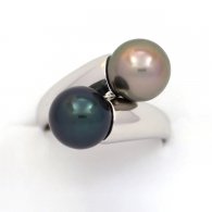 Rhodiated Sterling Silver Ring and 2 Tahitian Pearls Round C 9 and 9.1 mm