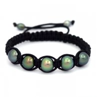 Nylon Bracelet, 5 Tahitian Pearls Round C from 9 to 9.4 mm and 2 Keishis