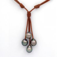 Leather Necklace and 4 Tahitian Pearls Semi-Baroque B/C from 9.7 to 10.1 mm
