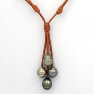 Leather Necklace and 4 Tahitian Pearls Ringed C from 10.5 to 10.7 mm