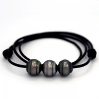 Leather Necklace and 3 Tahitian Pearls Ringed C from 13 to 13.2 mm