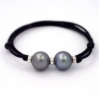 Waxed cotton Necklace and 2 Tahitian Pearls Round C 13.1 mm
