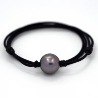 Waxed cotton Necklace and 1 Tahitian Pearl Round C 13.6 mm