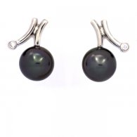 Rhodiated Sterling Silver Earrings and 2 Tahitian Pearls Semi-Round B 9 mm