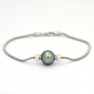 Rhodiated Sterling Silver Bracelet and 1 Tahitian Pearl Semi-Round B 10.2 mm