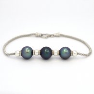 Rhodiated Sterling Silver Bracelet and 3 Tahitian Pearls Semi-Round C from 9.5 to 9.7 mm