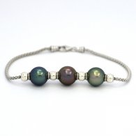 Rhodiated Sterling Silver Bracelet and 3 Tahitian Pearls Semi-Round B+ from 9.7 to 9.8 mm