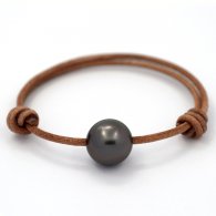 Leather Bracelet and 1 Tahitian Pearl Round C 13.3 mm