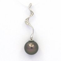 Rhodiated Sterling Silver Pendant and 1 Tahitian Pearl Round C 9.4 mm