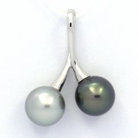 Rhodiated Sterling Silver Pendant and 2 Tahitian Pearls Round C 9.8 mm