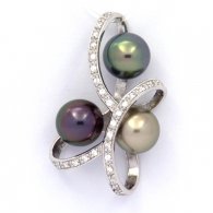 Rhodiated Sterling Silver Pendant and 3 Tahitian Pearls Round C+ from 9 to 9.1 mm
