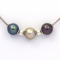 Rhodiated Sterling Silver Necklace and 3 Tahitian Pearls Semi-Round C+ from 10.7 to 11 mm