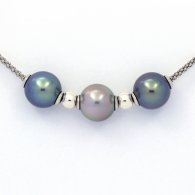 Rhodiated Sterling Silver Necklace and 3 Tahitian Pearls Round C+ from 10.2 to 10.4 mm