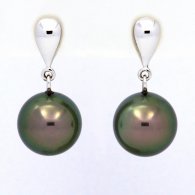 18K Solid White Gold Earrings and 2 Tahitian Pearls Round B+ 9.9 mm