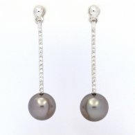 Rhodiated Sterling Silver Earrings and 2 Tahitian Pearls Round C 9 mm