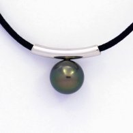 Rhodiated Sterling Silver Pendant and 1 Tahitian Pearl Round C 9.7 mm with a black cotton necklace