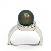 Rhodiated Sterling Silver Ring and 1 Tahitian Pearl Round C+ 9.2 mm