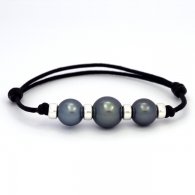 Waxed Cotton Bracelet and 3 Tahitian Pearls Round C from 10.3 to 12 mm
