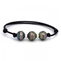 Waxed Cotton Bracelet and 3 Tahitian Pearls Ringed C from 10 to 10.3 mm