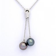 Rhodiated Sterling Silver Necklace and 2 Tahitian Pearls Round C 11 and 11.2 mm