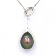 Rhodiated Sterling Silver Necklace and 1 Tahitian Pearl Semi-Baroque C 10.4 mm