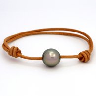 Leather Bracelet and 1 Tahitian Pearl Round C 13.2 mm