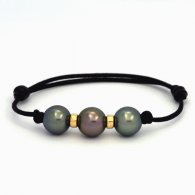 Waxed Cotton Bracelet and 3 Tahitian Pearls Round C from 10.3 to 10.5 mm