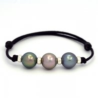 Waxed Cotton Bracelet and 3 Tahitian Pearls Round C+ from 10.6 to 10.7 mm
