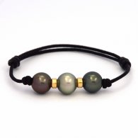 Waxed Cotton Bracelet and 3 Tahitian Pearls Semi-Round C from 10 to 10.3 mm