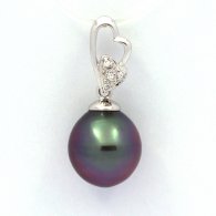Rhodiated Sterling Silver Pendant and 1 Tahitian Pearl Semi-Baroque C 10.8 mm