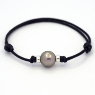 Waxed Cotton Bracelet and 1 Tahitian Pearl Round C 10.6 mm