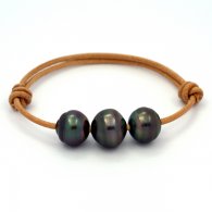 Leather Bracelet and 3 Tahitian Pearls Ringed C from 12.5 to 13.5 mm