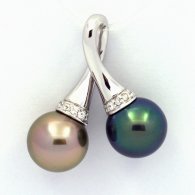 Rhodiated Sterling Silver Pendant and 2 Tahitian Pearls Round C+ 10.1 and 10.2 mm