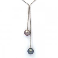Rhodiated Sterling Silver Necklace and 2 Tahitian Pearls Round C 10.9 and 11.5 mm