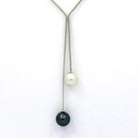 Rhodiated Sterling Silver Necklace and 2 Tahitian Pearls Round C 11.2 and 11.5 mm