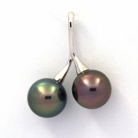 Rhodiated Sterling Silver Pendant and 2 Tahitian Pearls Round C 10.4 and 10.7 mm