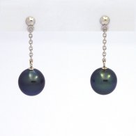14K Solid White Gold Earrings and 2 Tahitian Pearls Semi-Baroque B 8.7 mm